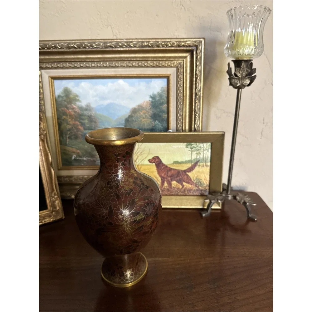 Vintage Chinese Cloisonne Enamel Vase Red Brown Floral Brass Millefleurs